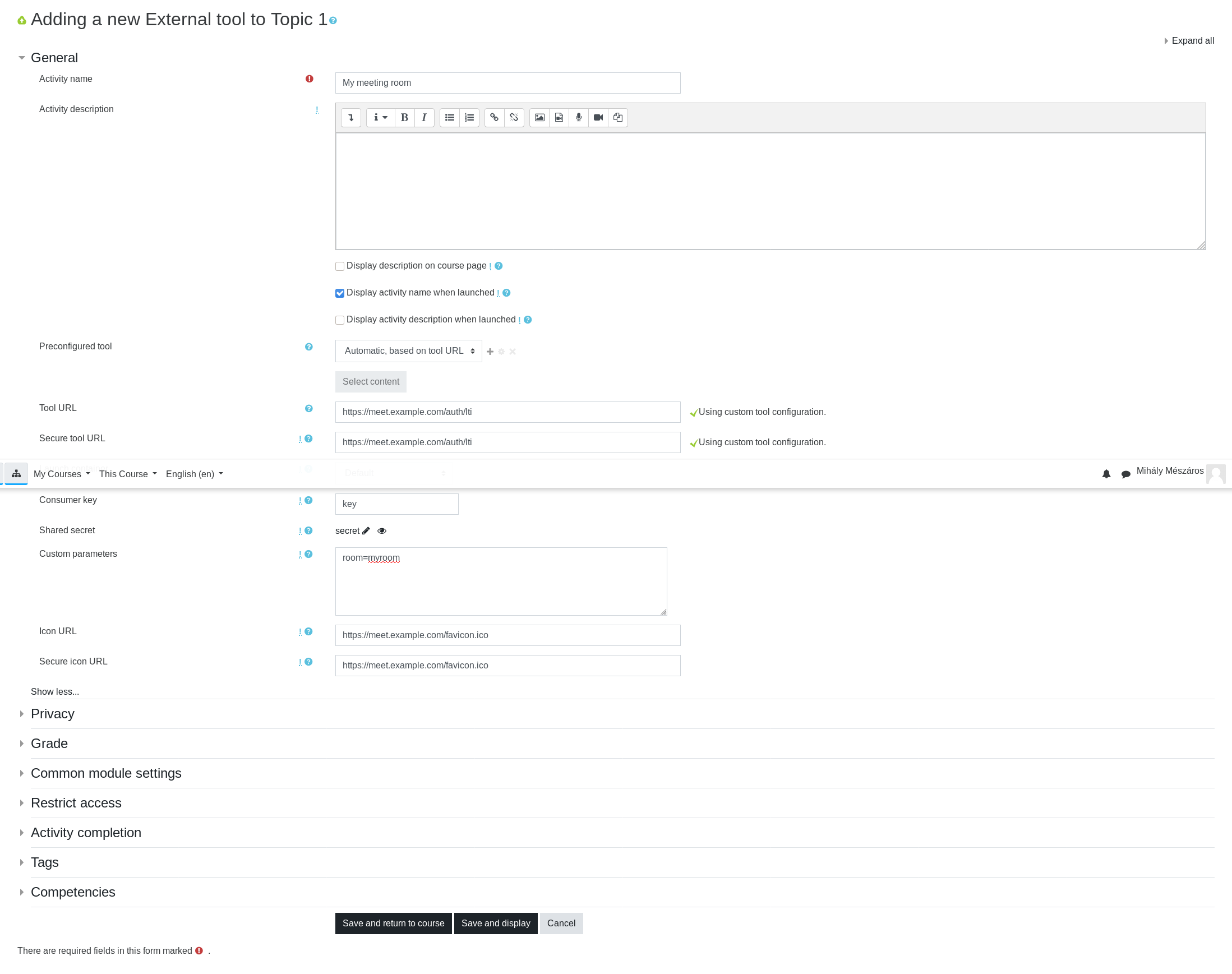 Filled out external tool config